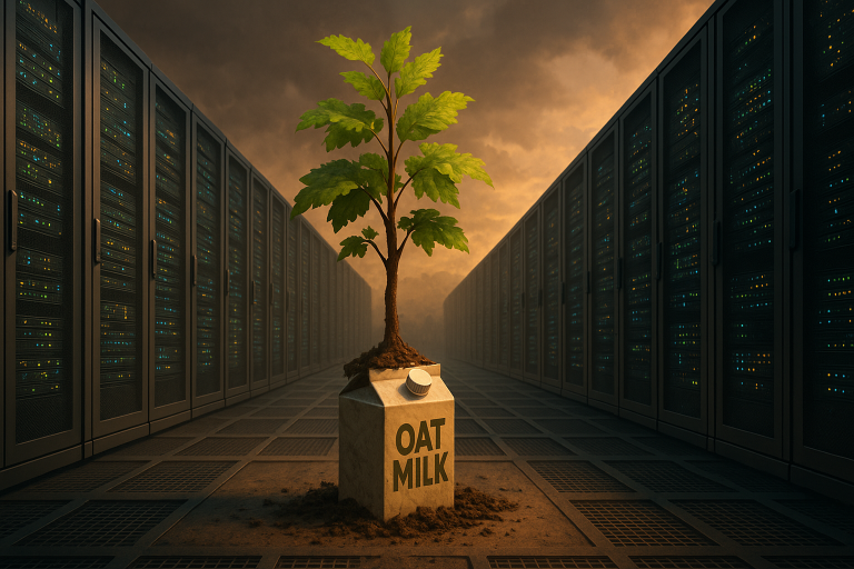 digital art style, apocalyptic server centre with oat milk and young tree in the middle